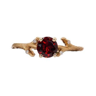 Garnet Ring w Earth Mined Diamonds in Solid 14K Solid Gold | Round 6mm