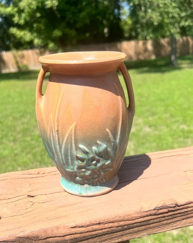 Vintage McCoy Pottery Matte Glaze Two-Handled Vase With Leaves And Berries Brown