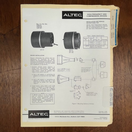 VINTAGE ALTEC 288 HIGH FREQ AND COMPRESSION DRIVERS  INSTALLATION AND SCHEMATICS