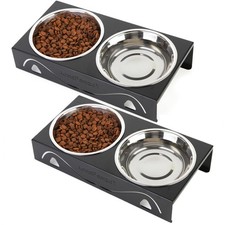 2 Pack Cat Food Bowls - Indoor Set with Metal Stand,5  Tilted Anti Vomiting W...