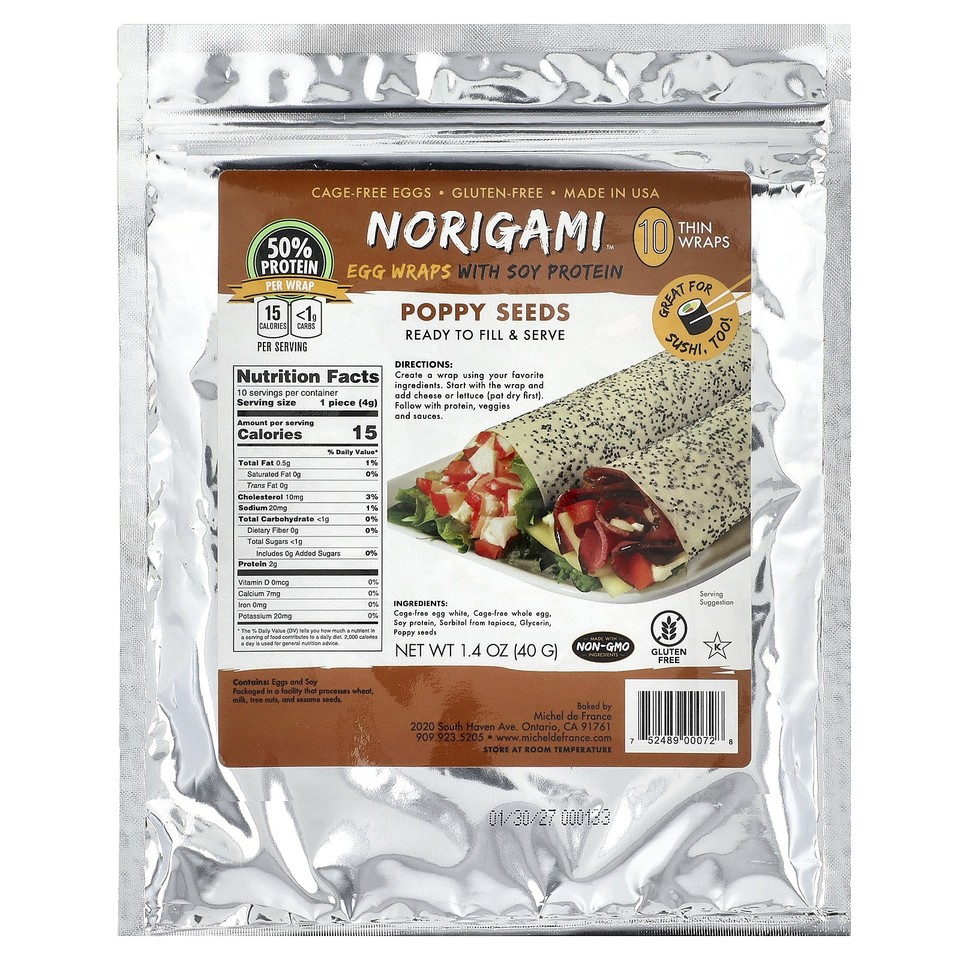 Egg Wraps with Soy Protein, Poppy Seeds, 10 Thin Wraps, 1.4 oz (40 g)