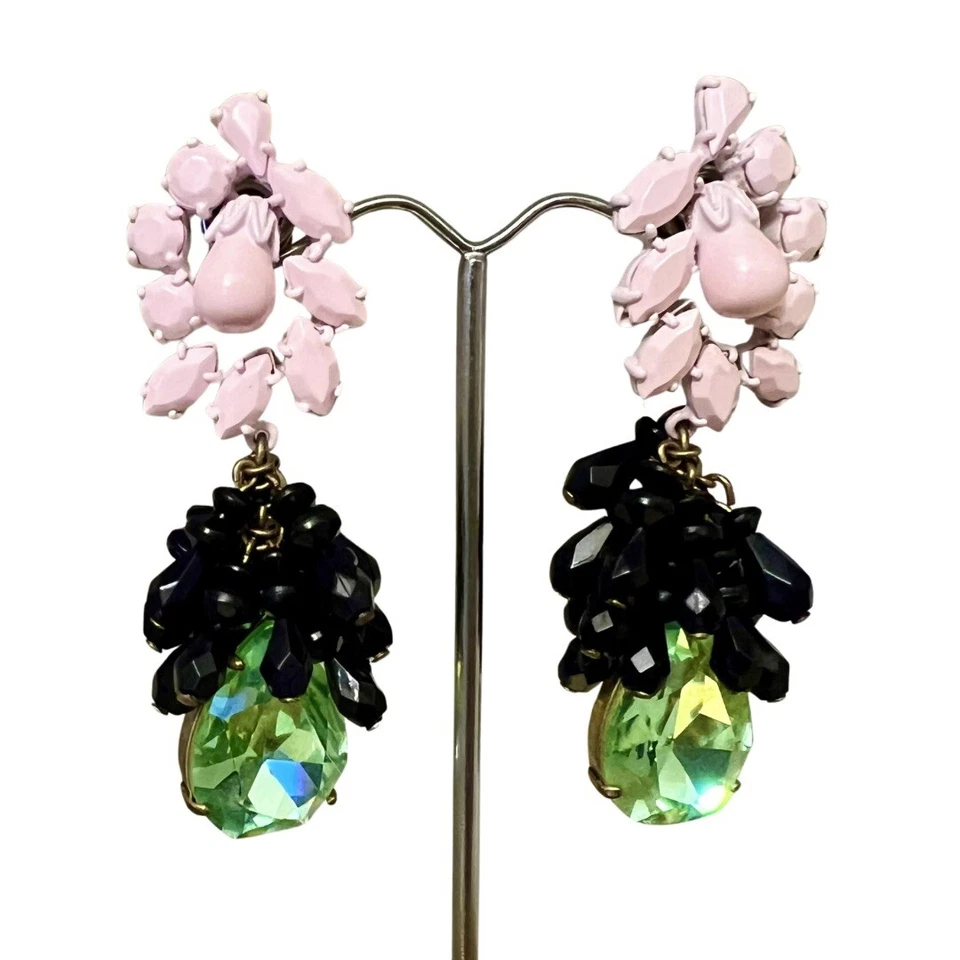 J CREW BRIGHT MIXED MEDIA PINK, GREEN & BLACK DROP EARRINGS PIERCED EARS- 3 INCH - Image 2 of 4