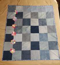 Blue Jean Denim Farmhouse Patchwork Quilt Hexagon Flowers Handmade 55.5"x64"