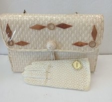 VTG Cream Weaved Straw Raffia Purse, Wood Bamboo Handle Japan Hand Bag  Gloves