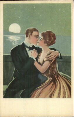 Art Deco Beautiful Woman Handsome Man Moonlight Romance A/S