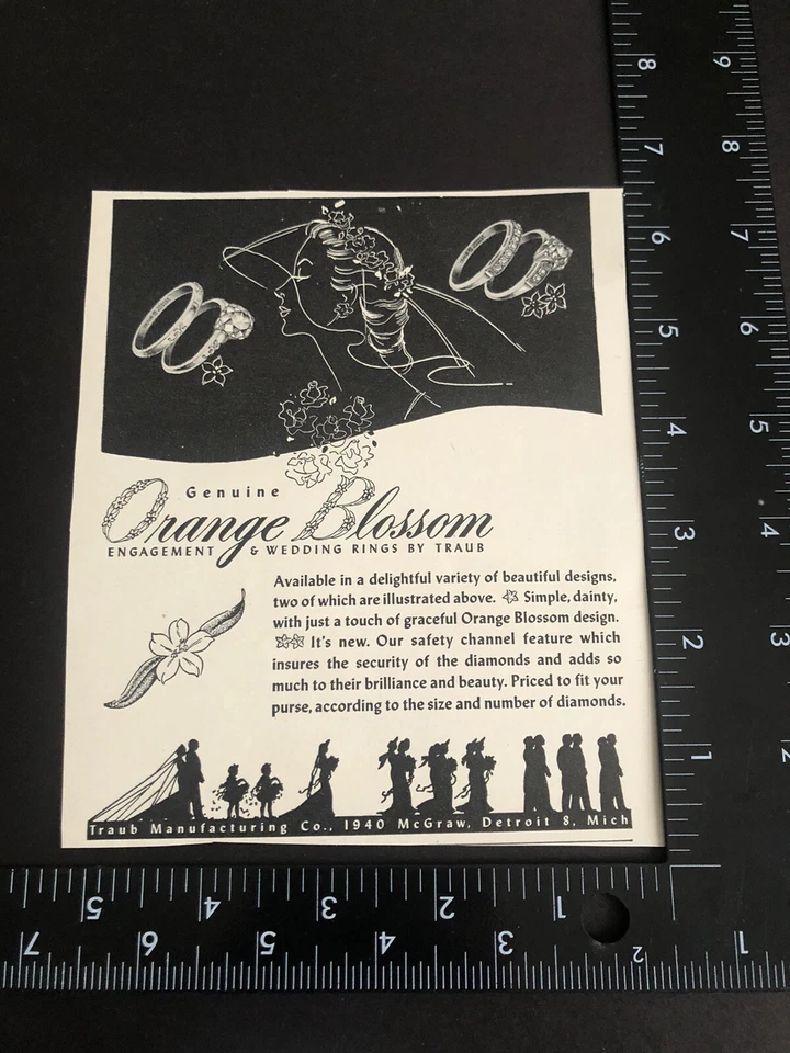 Anillo de boda en flor de azahar de la década de 1940 por Traub Detroit Co revista anuncio impreso 2D23 Foto 2 de 2