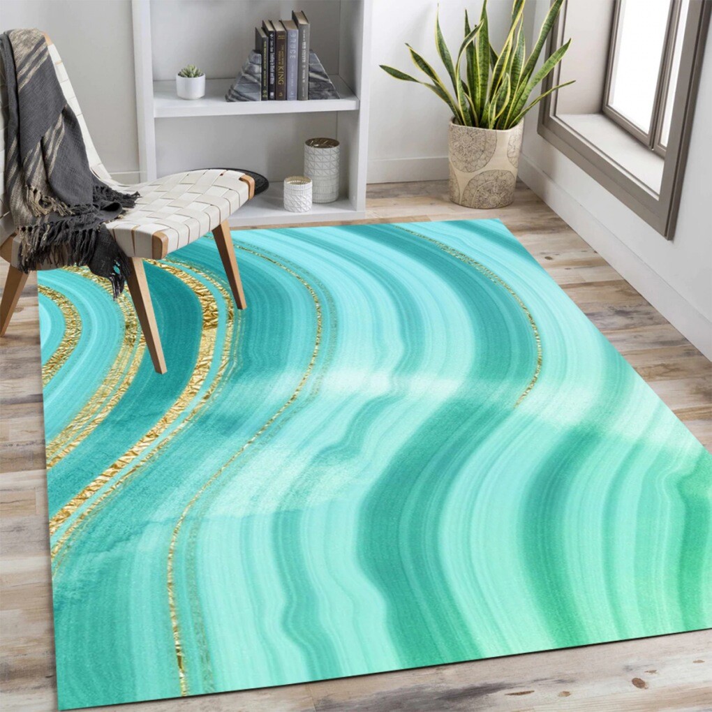 Teal Gold Wavy Striped Abstract Faux Wool Soft Washable Luxury Modern Rug-image