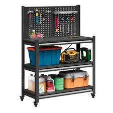 Garage Workbench Tool Storage Shelves w/Pegboard Metal Work Bench With 4 Wheels