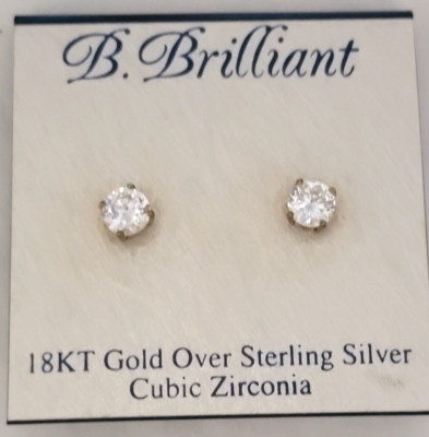 B. Brilliant 18k Over Sterling Silver Cubic Zirconia Solitaire Studs Earrings
