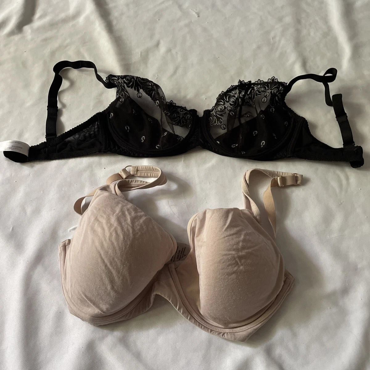 Size 34F Third Love 24/7 T-shirt Bra Underwire Padded Cotton Plunge/Sheer  Black