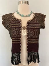 NWT Women  s Mexican Maroon Boho Cotton Cropped Tapestry Vest w/Fringe Sz S