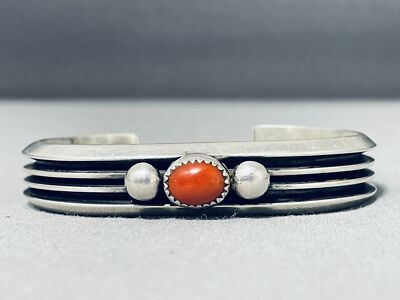 NOTEWORTHY VINTAGE NAVAJO CORAL STERLING SILVER BRACELET SIGNED