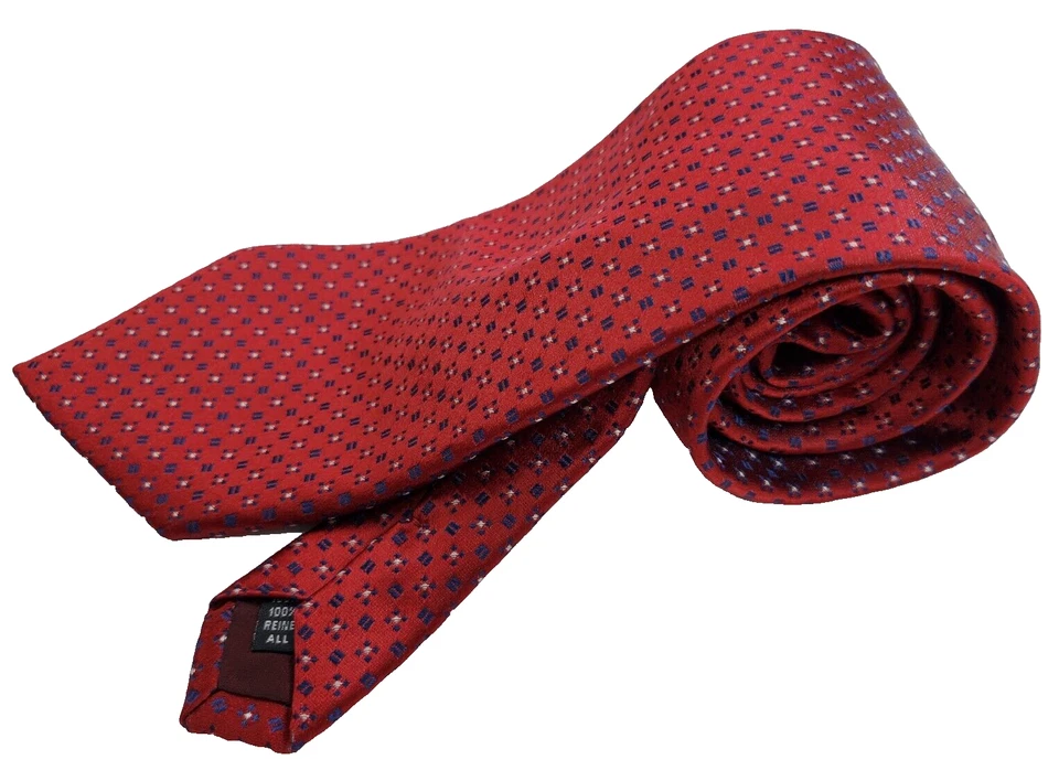 Dormeuil Men's Silk Necktie Deep Red w/Blue & White Dots & Shapes 59" L x 3.75 W - Image 2 of 4