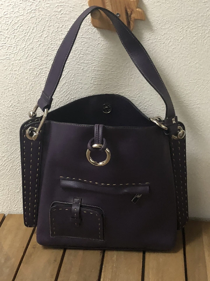 Womens Fashion Hobo Bag Shoulder Purse Faux Leather Purple Handbag Stitches EUC  - Image 3 of 4