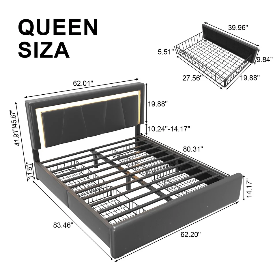 Armação de cama queen size completa com 4 gavetas de armazenamento e estação de carregamento e luzes LED - Imagem 3 de 4