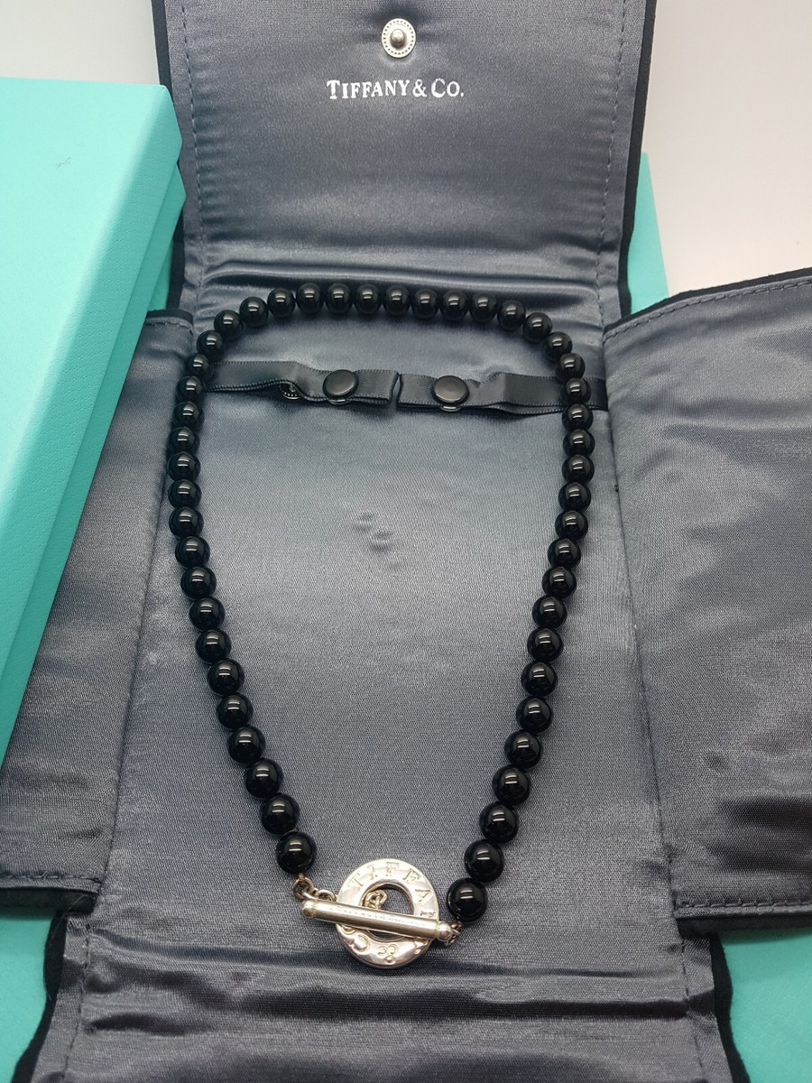 Tiffany & Co. RARE Black 8mm Bead Onyx Toggle 17.5 inches Silver