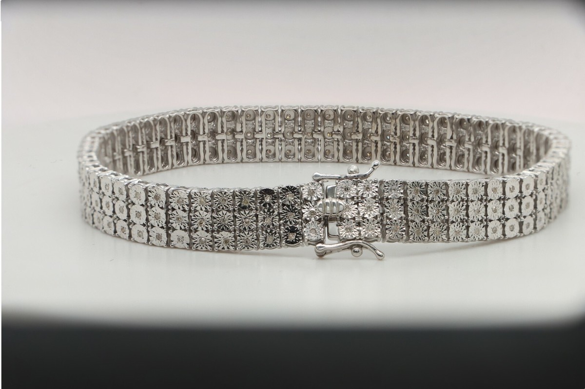2.40 CT Natural Diamond Three Row Tennis Men's Bracelet 925