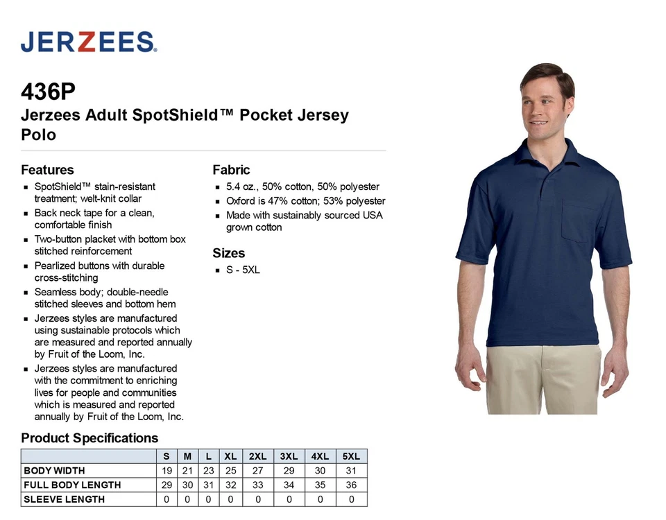 Camiseta polo Jerzees para hombre 50/50 Jersey Golf SpotShield con bolsillos 436P Foto 2 de 2