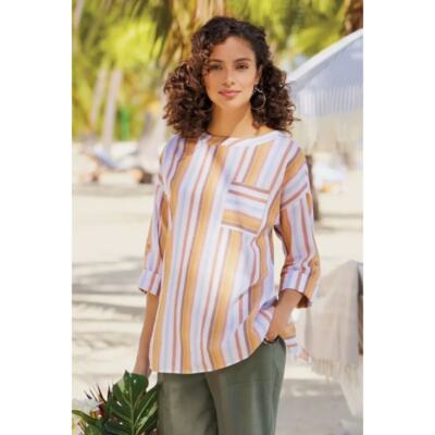 Soft Surroundings Enyo Striped Tunic Top Sz M Roll Tab Sleeve Cotton Casual
