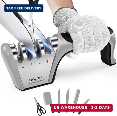 Longzon 5-in-1 Knife Sharpener 4 Stage with Cut-Resistant Glove, Quickly Sharpen
