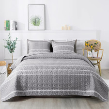 Grey Queen Quilt Bedding Set, 3 Pieces 1 Striped Boho Printed Quilt 90x96 Inch