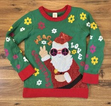Girls 10-12 Santa Peace Love Ugly Christmas Sweater Holiday Time