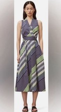 Tory Burch Summer Field Day Bias Wrap Dress 2 Striped All Over Print Long Belt