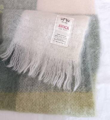 Vintage Avoca The Mill Mohair Wool Throw Blanket Green Fringe Ireland
