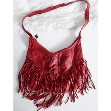 Junior Drake Vintage Red Fringe Flower Applique Hobo Leather Crossbody Bag Boho