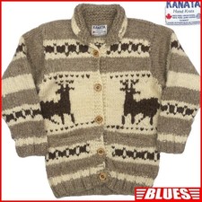 Made In Canada Kanata Men'S L Cowichan Sweater Brown Beige Deer Pattern Wool Kni