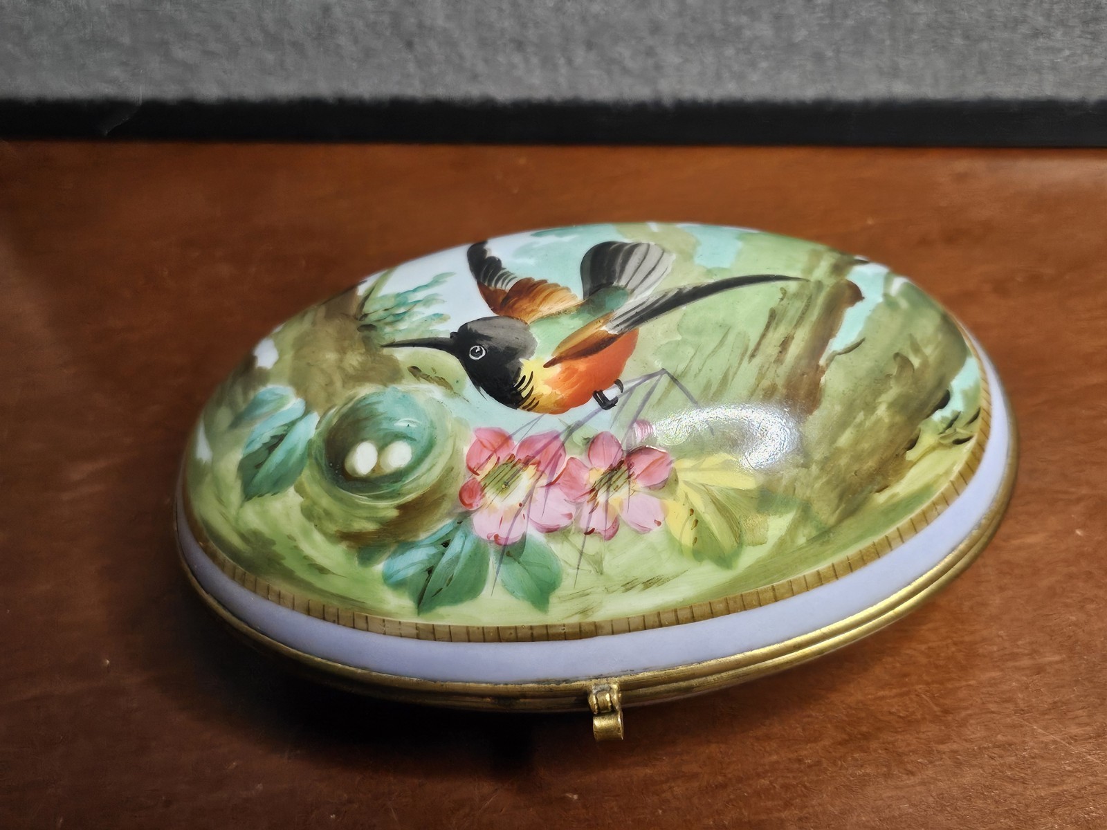 Vintage Hand-Painted Porcelain Egg Trinket Box with Nest and Bird Design