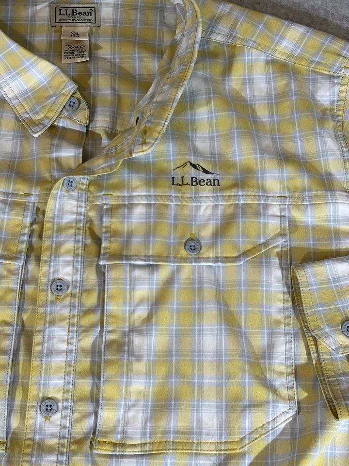 LL Bean Shirt Mens 2XL Tall Yellow Gray Plaid Button Long Sleeve Stretch Outdoor - Image 2 of 4
