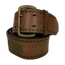 Fossil Genuine Leather Belt With Brass Buckle  Embossed Conchos Size Large Brow