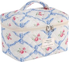 Quilted Makeup Bag, Large Cute Cosmetic Bags for Women Blue Bows