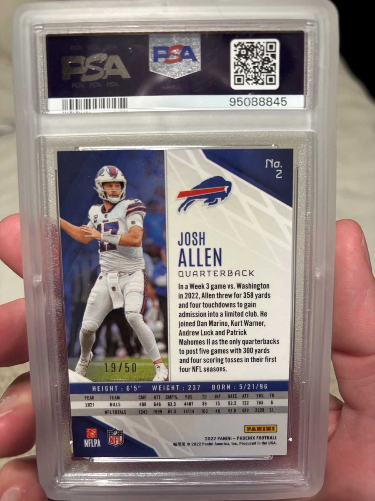 2022 Panini Phoenix Fire & Ice /50 Josh Allen #2 Gem Mint PSA 10 POP 8 view 2