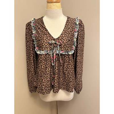 Smith and Quinn V-Neck Ruffle Frill Blouse Leopard / Floral Sz Small 