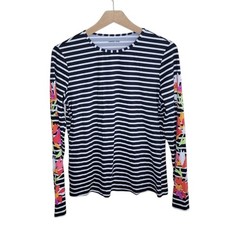 Lands' End Black  White Striped Rash Guard with Floral Detail on Sleeves Small