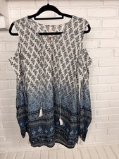 Raga NWT Boho Cold Shoulder Tunic Top Blue Ombre Floral Tassel Size S
