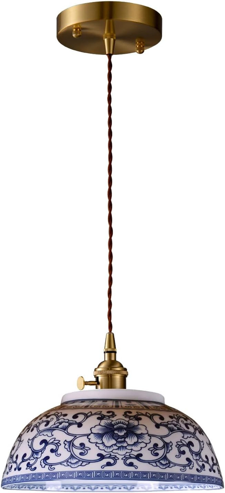 Blue and White Ceramic Pendant Light Fixture for Home and Kitchen 9In