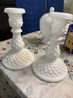 Vintage Set 2 Fenton Hobnail 6” Candlesticks White Milk Glass Candle Holders 70s