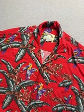 Paradise Found Shirt Mens L Red Hawaiian Aloha Magnum PI USA Macaw All Over
