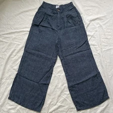 H by Halston Blue 100% Linen Wide Leg Pants Womens Sz 6 Pleated Pockets