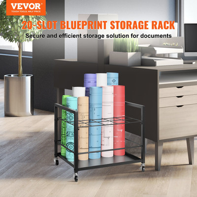 20 Slot Blueprint Storage Rack w/ Wheels Mobile Plan Roll File Cart