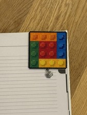 Handmade Completed Cross Stitch Corner Bookmark - Building Blocks and charm