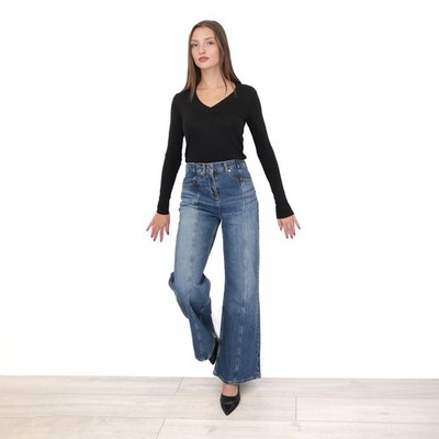 Reiss Damenjeans mittelblau ausgestellt weites Bein hoher Bund Naht UVP 158 £
