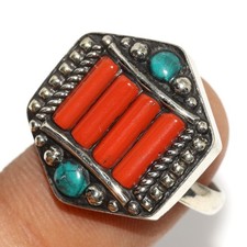 Nepali Tribal Red Coral Tibetan Turquoise Ring Size Us FreeSize" GW