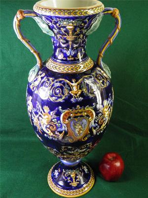 ANTIQUE FRENCH FAIENCE SIGNED GIEN MAJOLICA FIGURALTWO HANDLE VASE PALATIAL SIZE