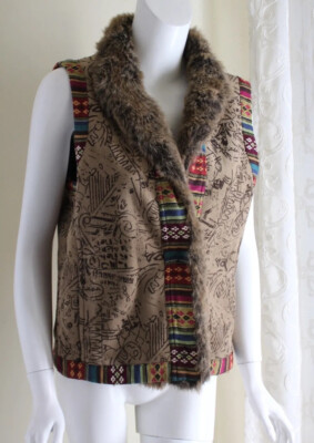 Chico's Sz 2 L Lux Künstliches Pelz Art-To-Wear Tribal Funky Weste Jacke