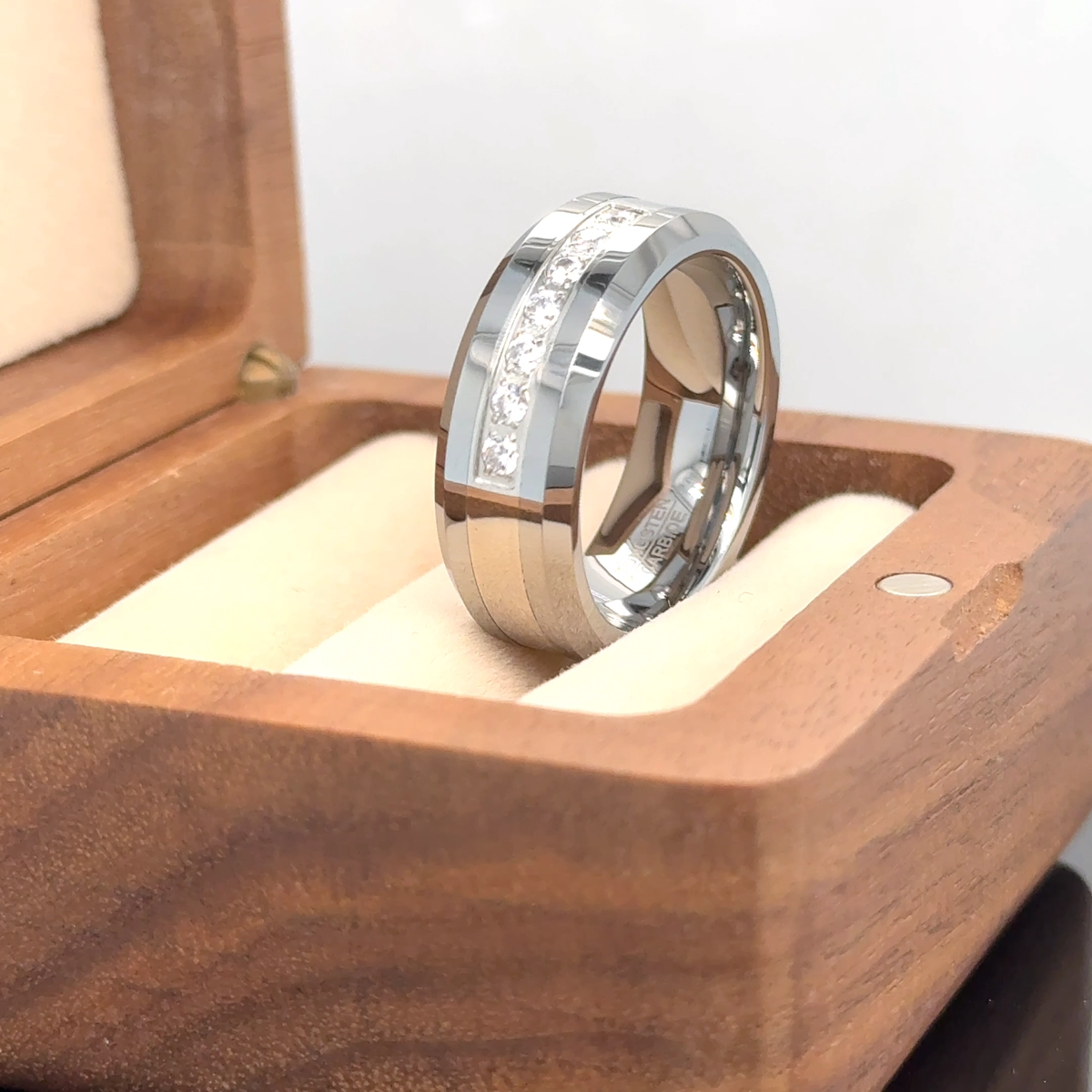 Silver Tungsten Wedding Band Tungsten Anniversary Ring White CZ