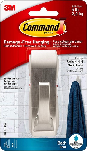 Command 5 lb. Large Satin Nickel Metal Hook (1 Hook, 2 Water Resistant Strips)